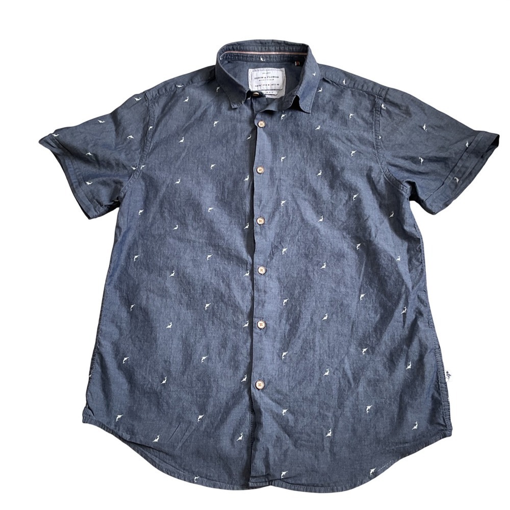 Denim &‎ Flower Ricky Singh Mens Blue Dolphin Print Short Sleeve Button Down M